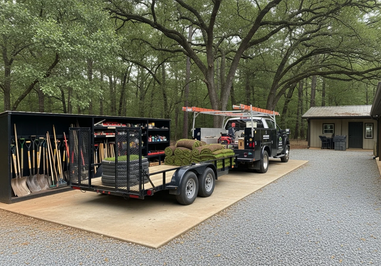 Landscape crew with equipment and tools ready for outdoor service work.