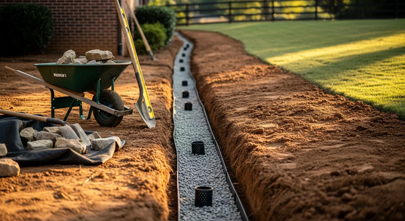 Installed drainage system directing water away from residential property