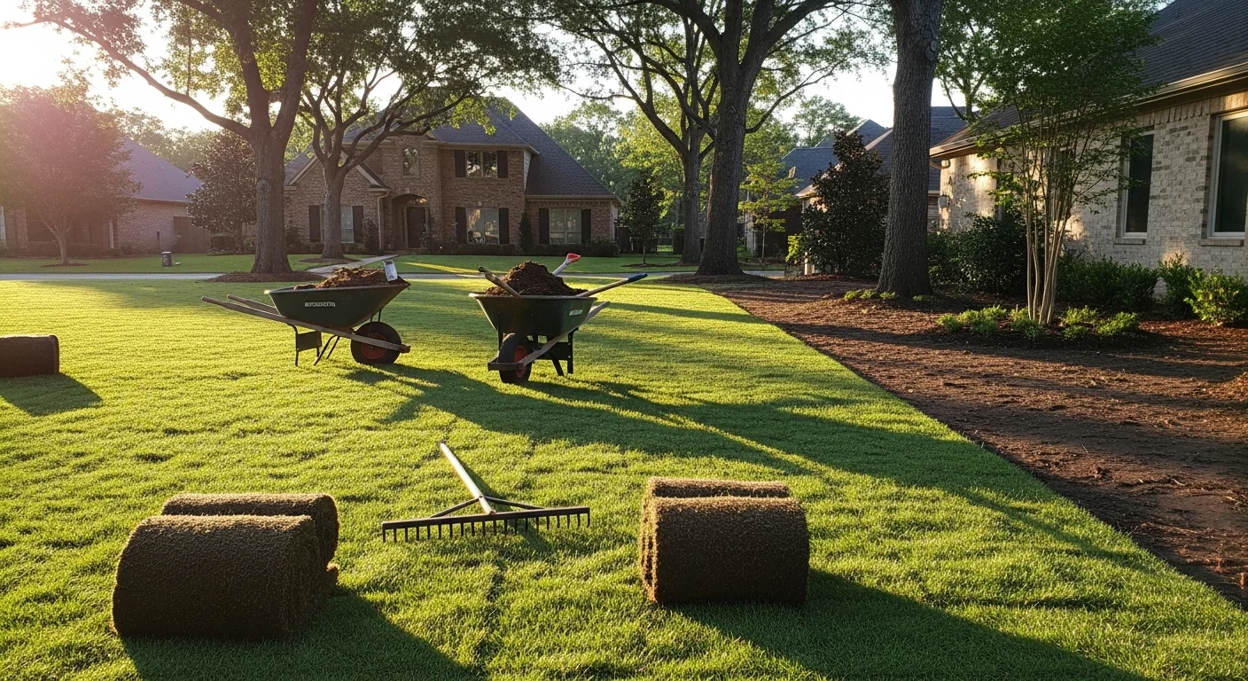 Professional landscaping installation with new plants and mulch beds