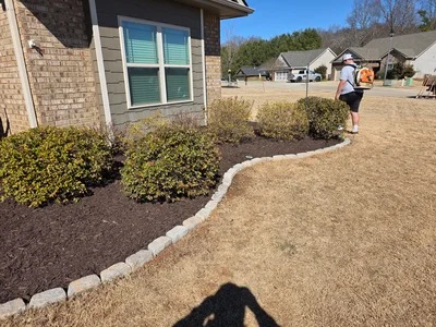 Concrete edging with dark mulch and green shrubs along brick home foundation