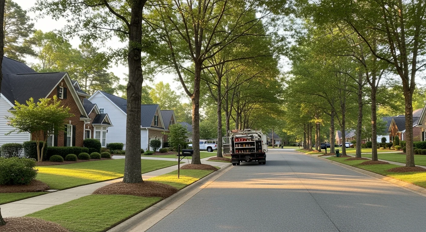 Residential street in Jefferson, GA with mature trees and suburban homes typical of Jackson County neighborhoods.