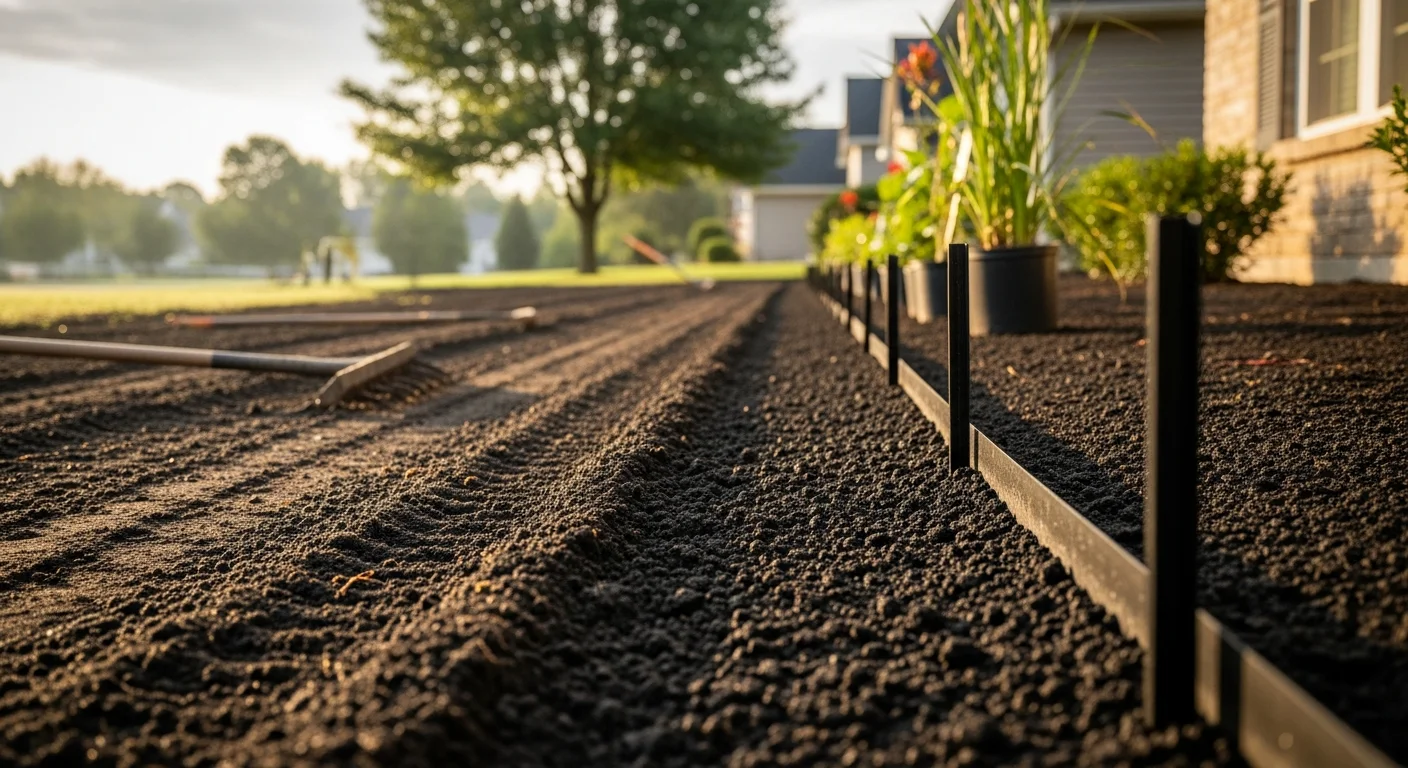 Freshly installed landscape bed with defined edging and layered plantings along the front of a residential home in Jefferson. Soil is prepped and mulched with plants spaced to allow growth through the seasons.