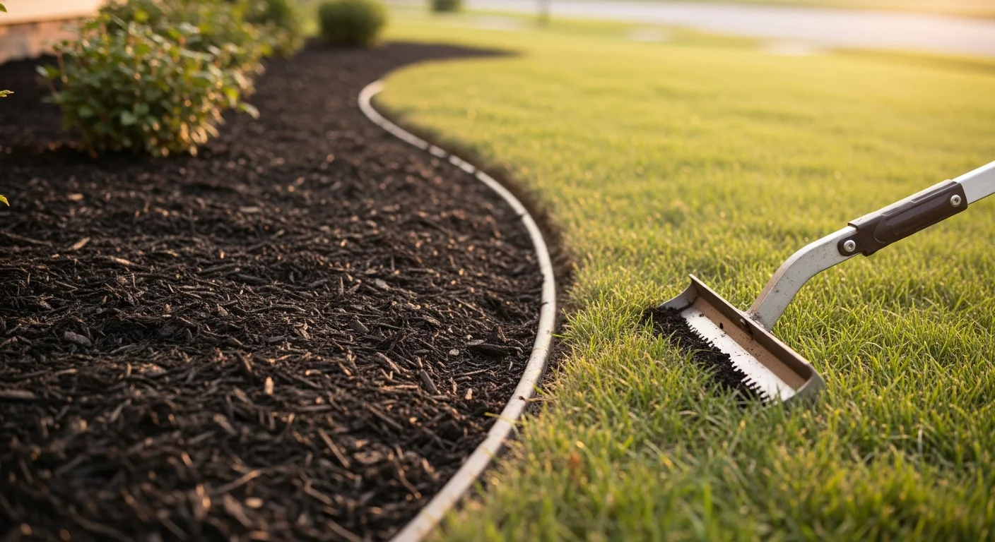 A Jefferson residential lawn with freshly cut bed edges showing a sharp, clean border between green turf and a mulched planting bed. A Barnes Landscape Professionals crew member uses a professional edging tool along a front-yard foundation bed.