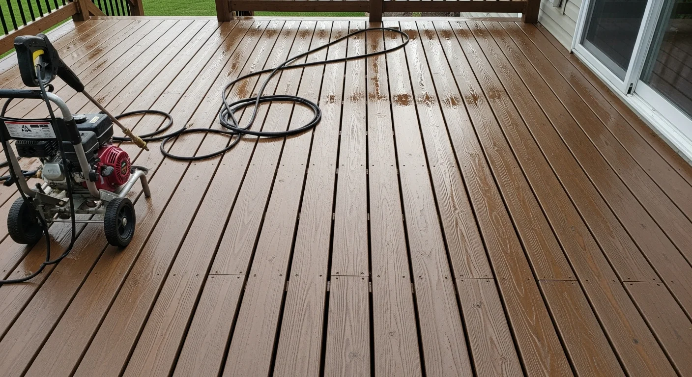A wood deck in Jefferson being pressure washed by a Barnes Landscape Professionals technician, with clean boards visible on one side and mold-stained gray wood on the other. Water and debris run off the deck surface during the cleaning process.