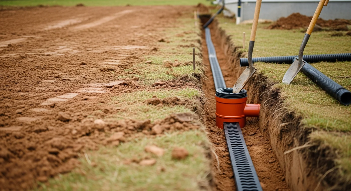 A completed yard drainage installation at a Jefferson residential property, showing a clean surface channel running along a graded lawn edge away from the home's foundation. The surrounding grass and planting beds are intact, with no visible standing water after a rain event.