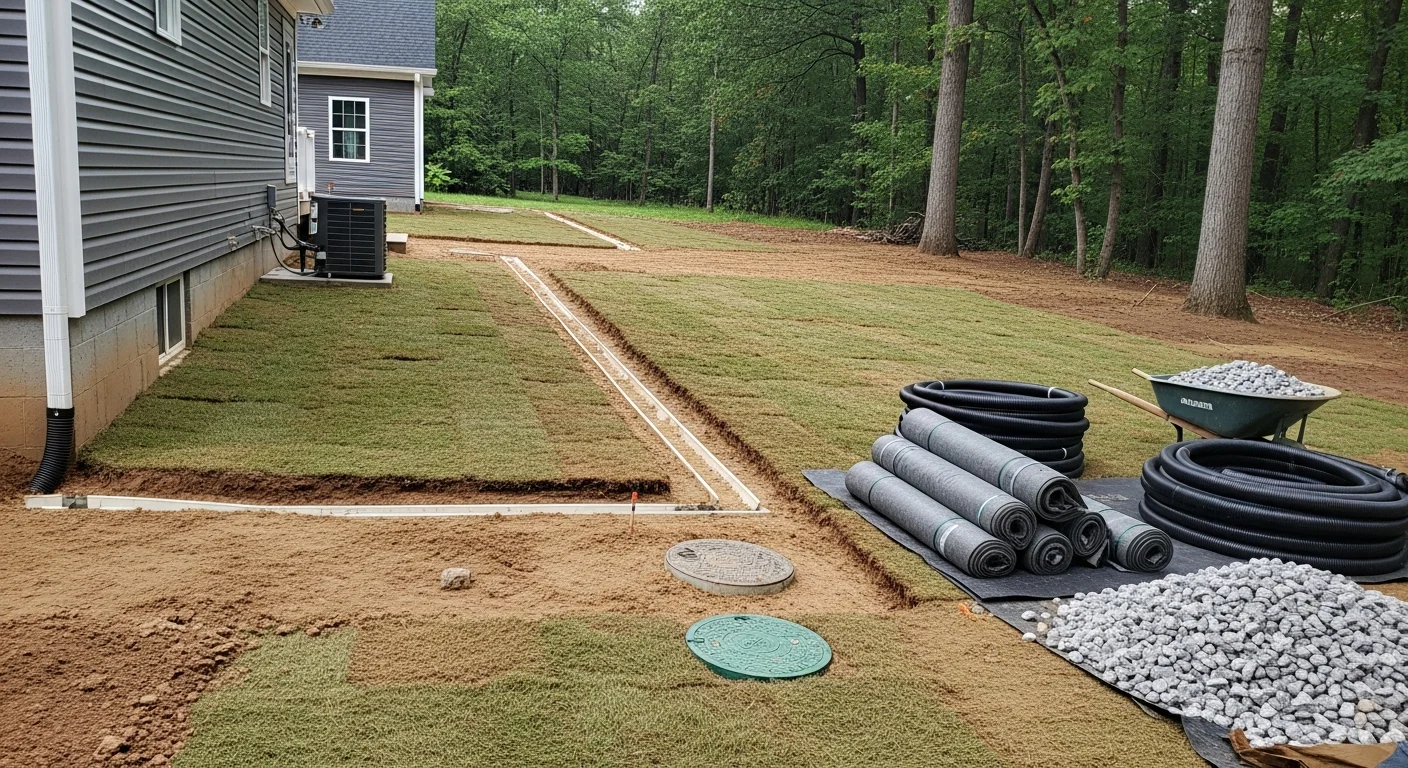 A newly installed French drain and catch basin system in a residential Jefferson backyard, with clean gravel trenching running along the lawn edge toward a downslope outlet. The surrounding turf and planting beds remain intact following installation by Barnes Landscape Professionals.