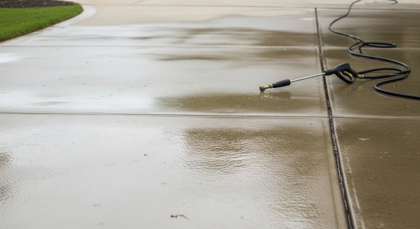 A Jefferson residential concrete driveway after professional pressure washing, showing clean, even gray surface free of oil stains, tire marks, and algae. Barnes Landscape Professionals equipment visible at the edge of the driveway apron.