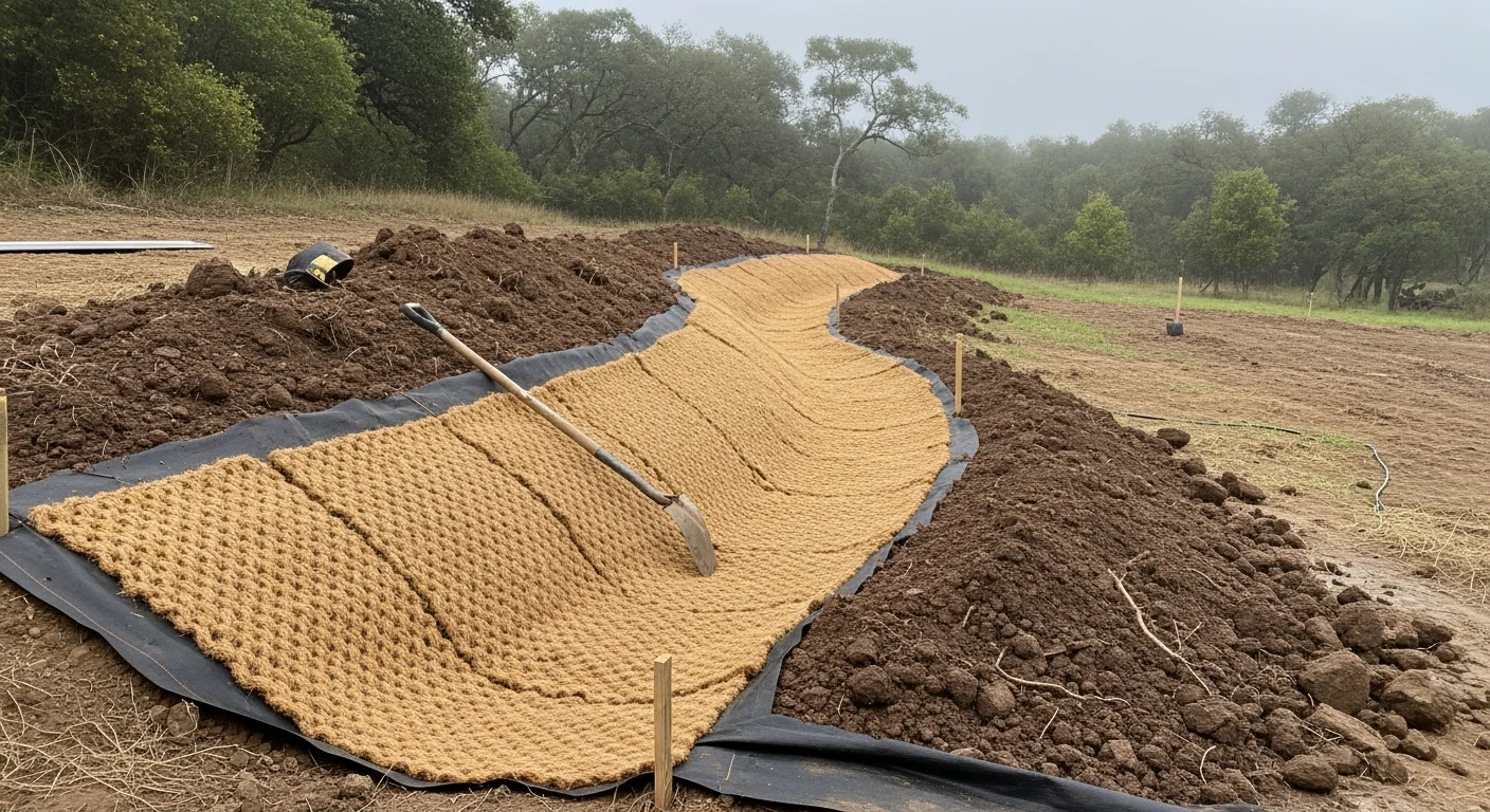 A stabilized sloped yard in Jefferson showing graded soil, drainage channeling, and ground cover installed to prevent further erosion. A residential property with a repaired drainage swale running along the property edge after erosion control work by Barnes Landscape Professionals.