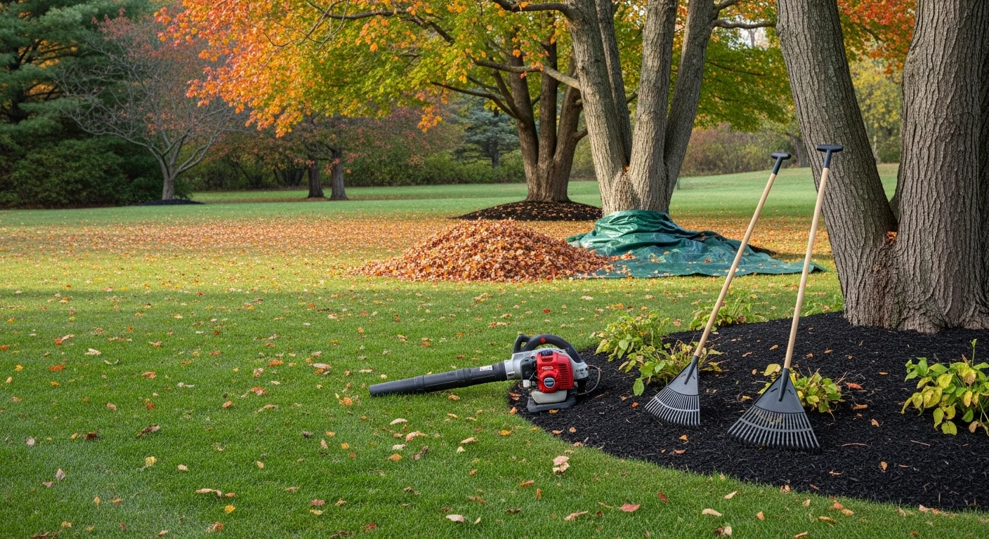 A Jefferson residential lawn after fall cleanup, with leaf-free turf, cleared garden beds, and a clean walkway visible in the foreground. A Barnes Landscape Professionals crew member rakes the last debris from a mulched planting bed alongside a two-story home.