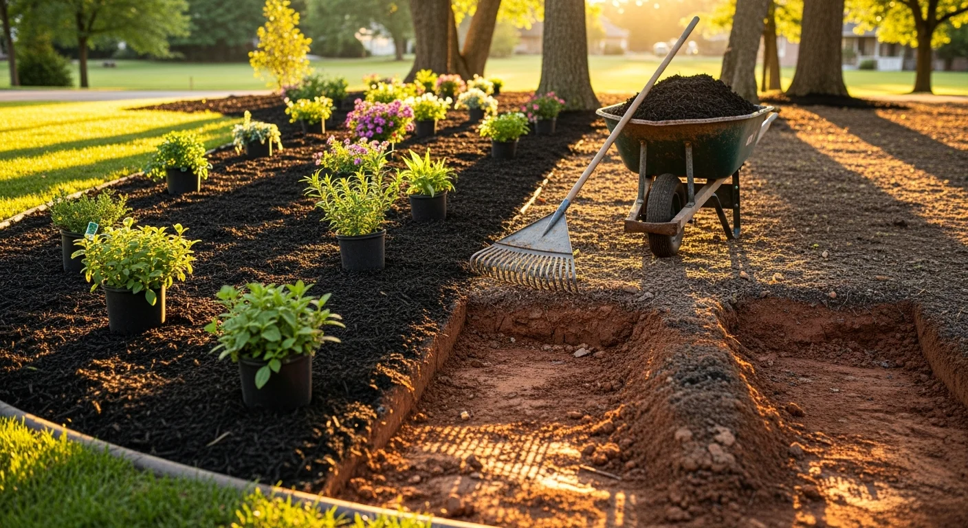 Completed landscape design and installation at a Jefferson, GA residential property, showing defined planting beds, graded lawn areas, and climate-suited shrubs and ground cover along the front of the home. Barnes Landscape Professionals installed the softscape and bed edging following a custom site plan.