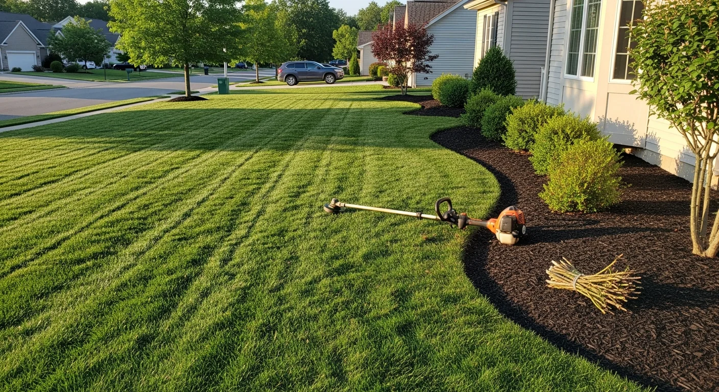 A well-maintained residential lawn in Jefferson with cleanly edged turf, trimmed shrubs along the front beds, and cleared walkways after a landscape maintenance visit by Barnes Landscape Professionals.
