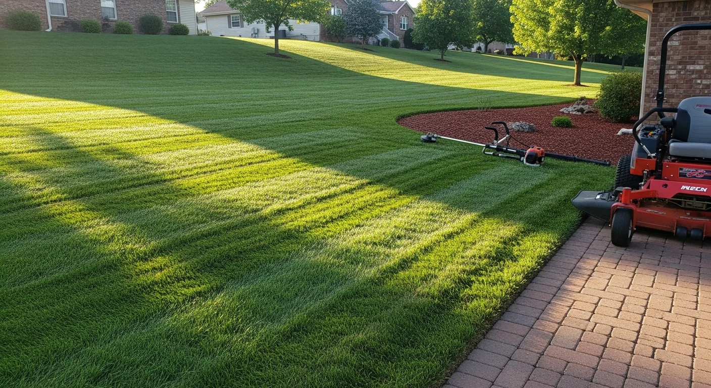 A freshly mowed and edged residential lawn in Jefferson with clean turf lines along a concrete walkway. Barnes Landscape Professionals lawn maintenance crew equipment visible in the background on a mid-Missouri property.