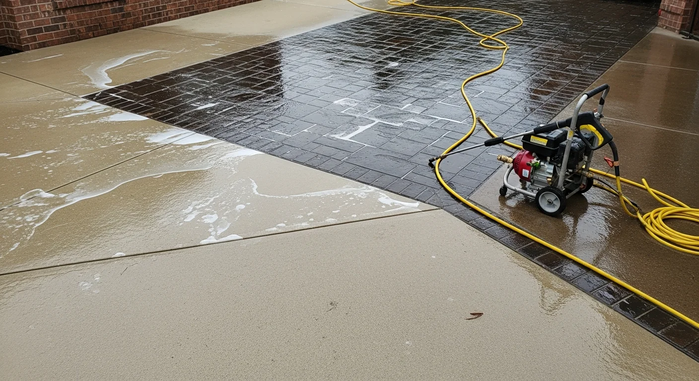 A concrete patio in Jefferson shown after professional pressure washing, with algae and dark staining removed and the original surface color restored. A pressure washing wand is visible at the edge of the cleaned area, showing the contrast between the clean and uncleaned sections.