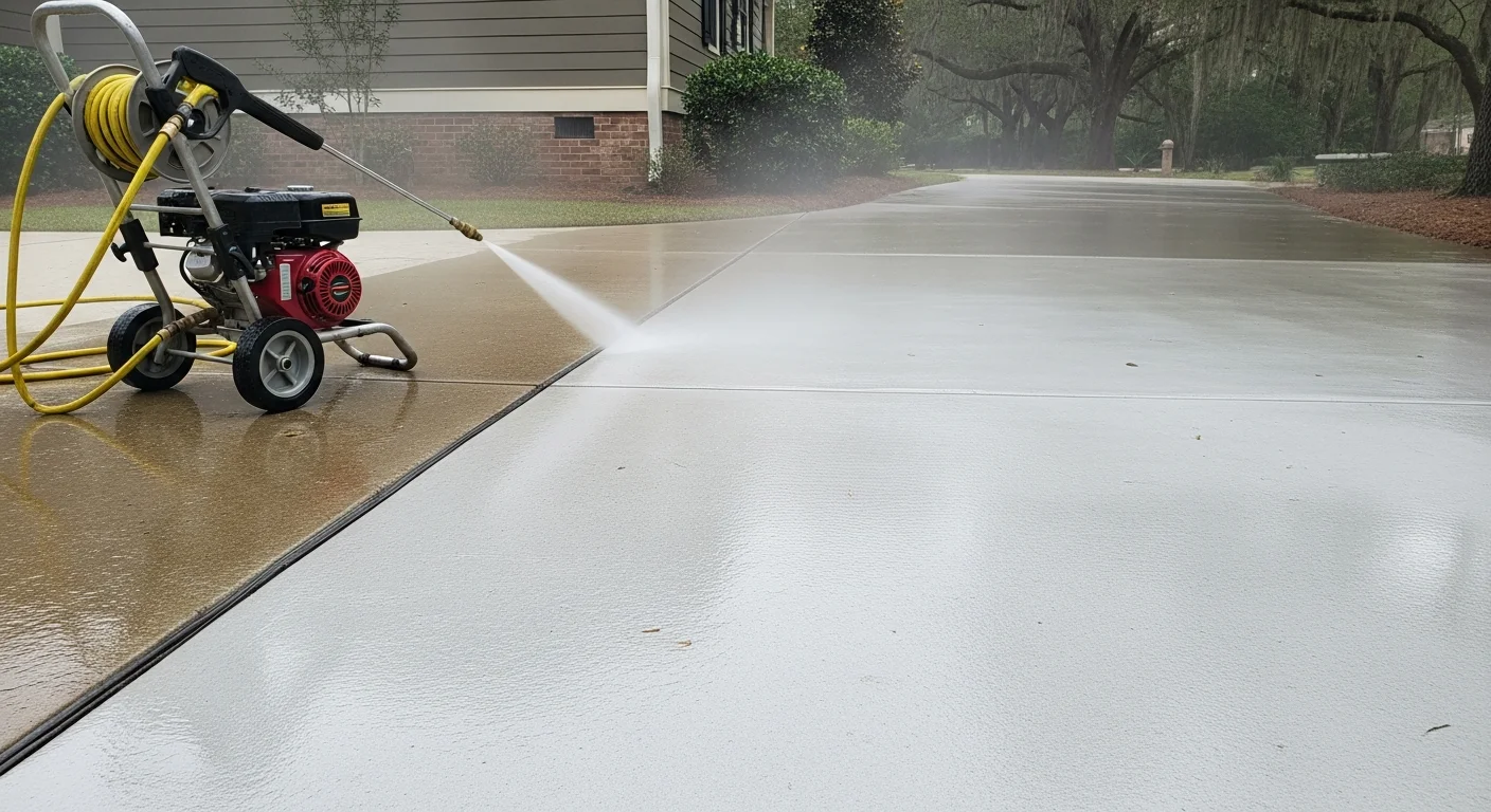 A concrete driveway at a single-family home in Jefferson being pressure washed, with a visible clean strip contrasting against algae-stained concrete. A pressure washing wand directs a focused stream across the surface in a residential yard setting.