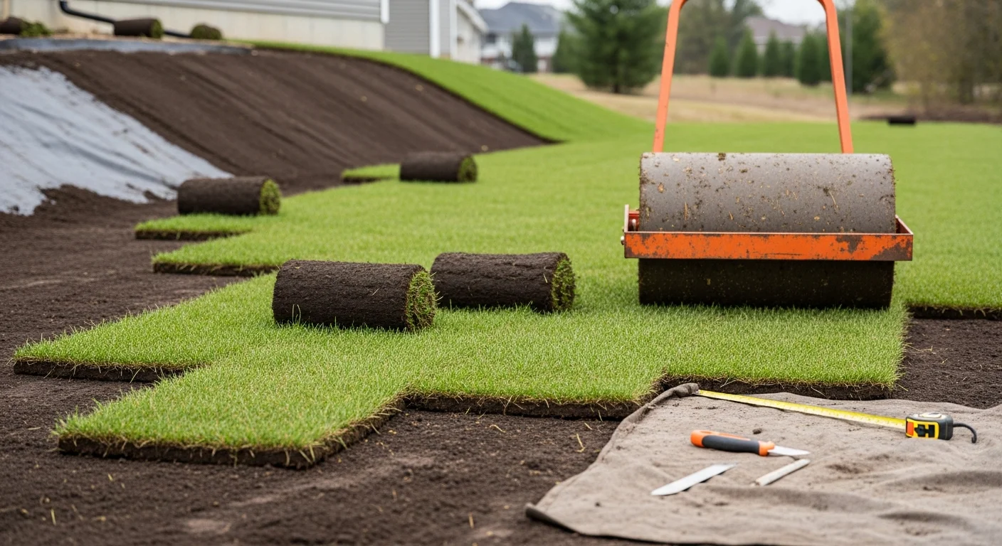 Freshly installed sod rolls laid in a staggered pattern across a residential backyard in Jefferson, with clean edges and uniform green coverage. A landscaping crew member presses the seams flat against prepared soil on a sunny day.