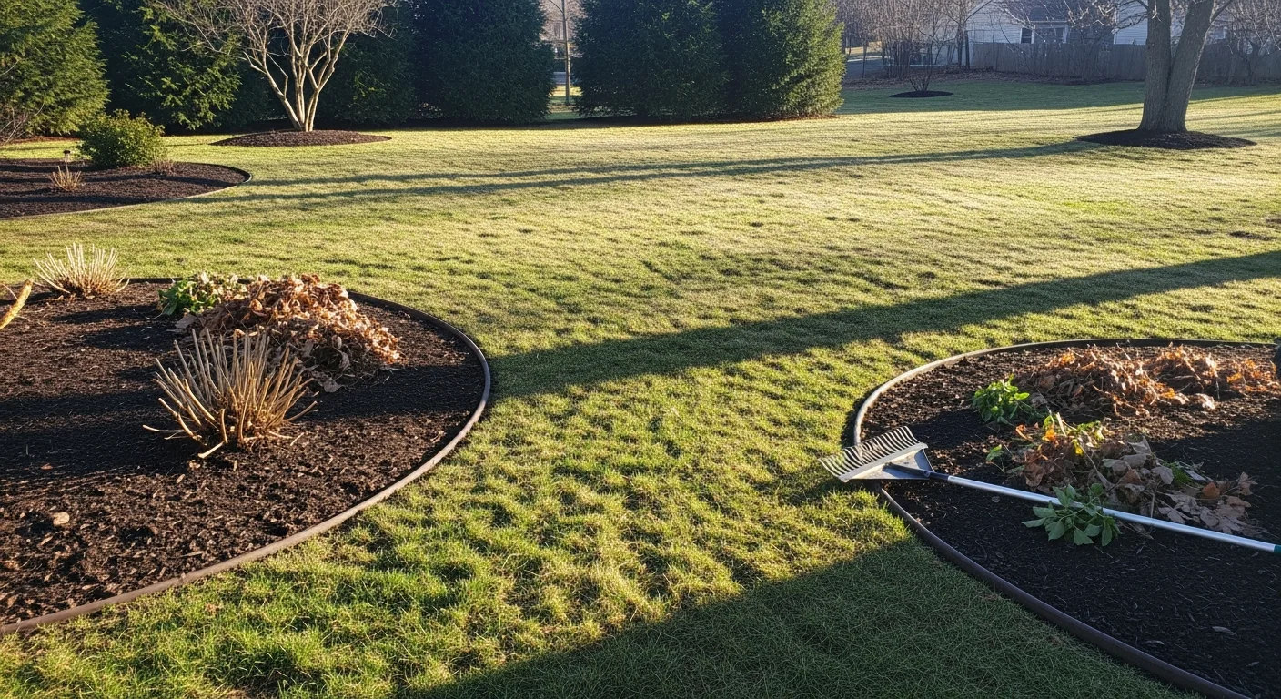 A Jefferson residential lawn after a professional spring cleanup, showing cleared turf, freshly edged landscape beds, and trimmed shrubs with no debris remaining on the property.